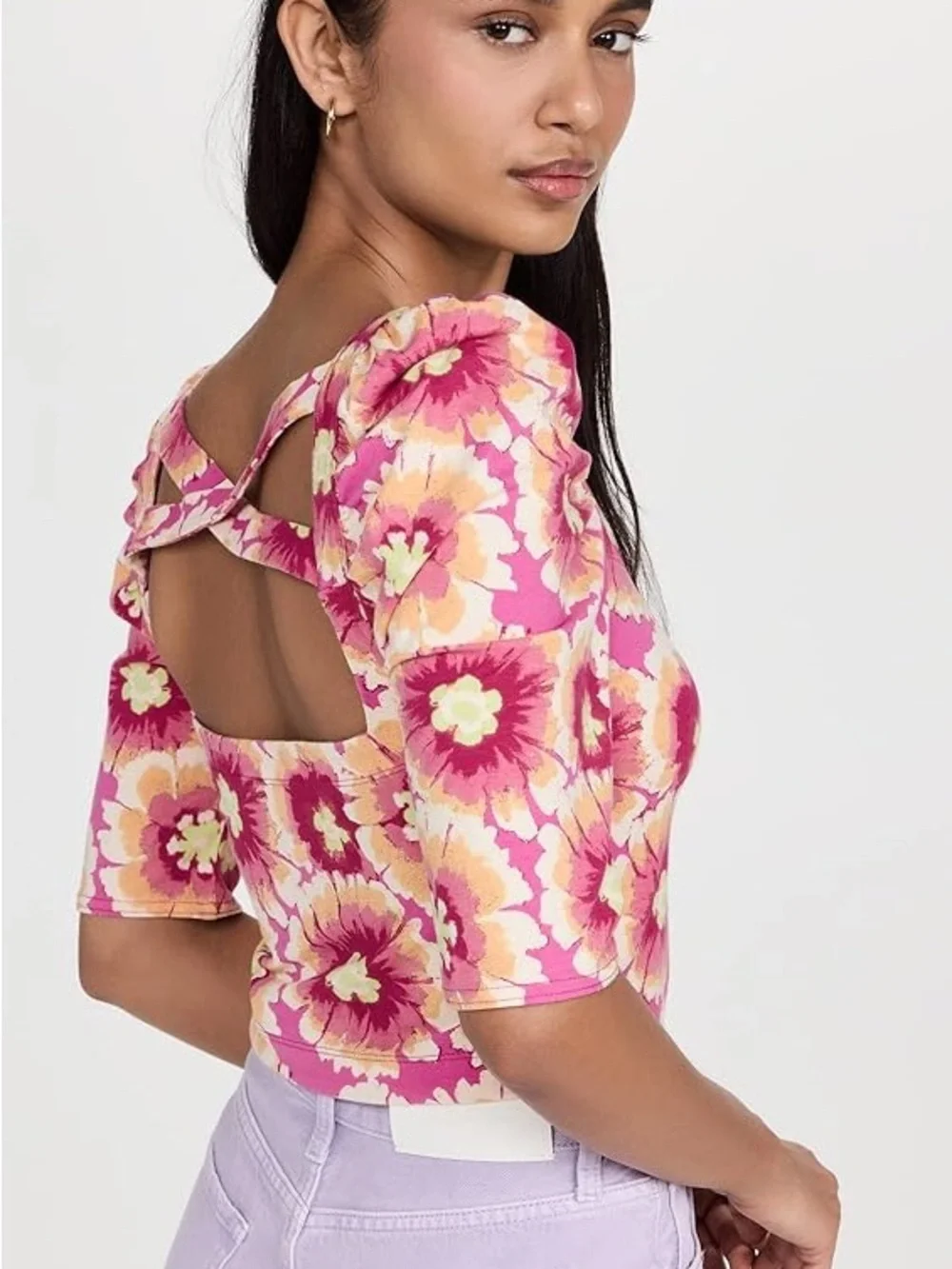 Free People | Pink & Yellow Floral Puff-Sleeve Crop Top w/Open Crisscross Back